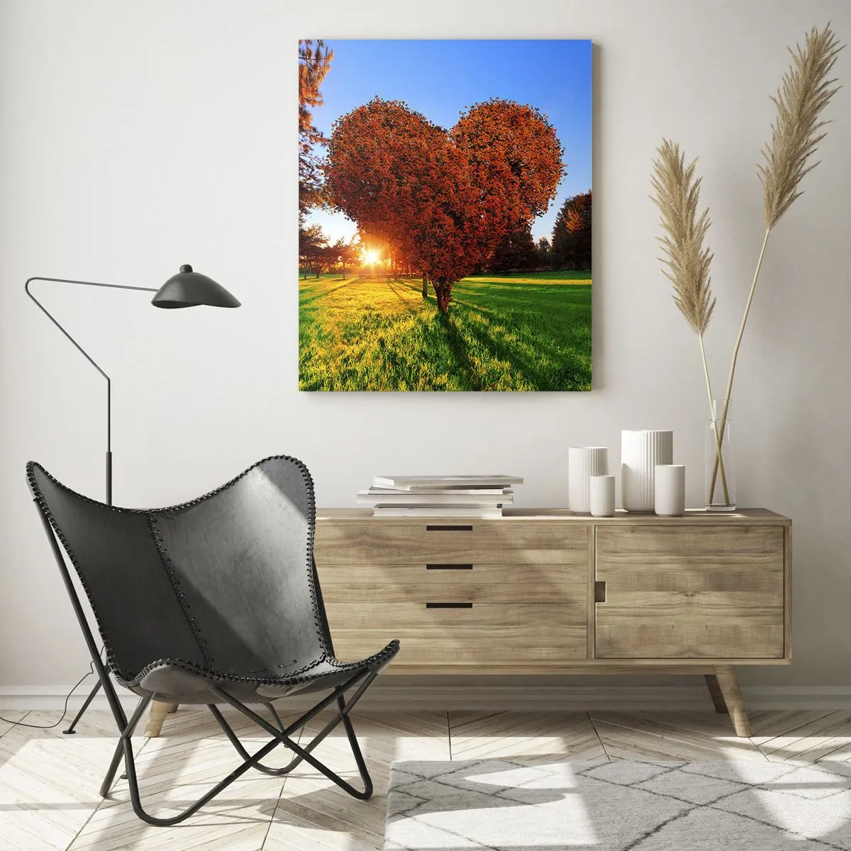 Obraz na szkle - Drzewo w kształcie serca na tle zachodzącego słońca - 50x70cm - I jak nie kochać jesieni - Nowoczesna dekoracja ścienna do salonu, kuchni i sypialni ARTTOR