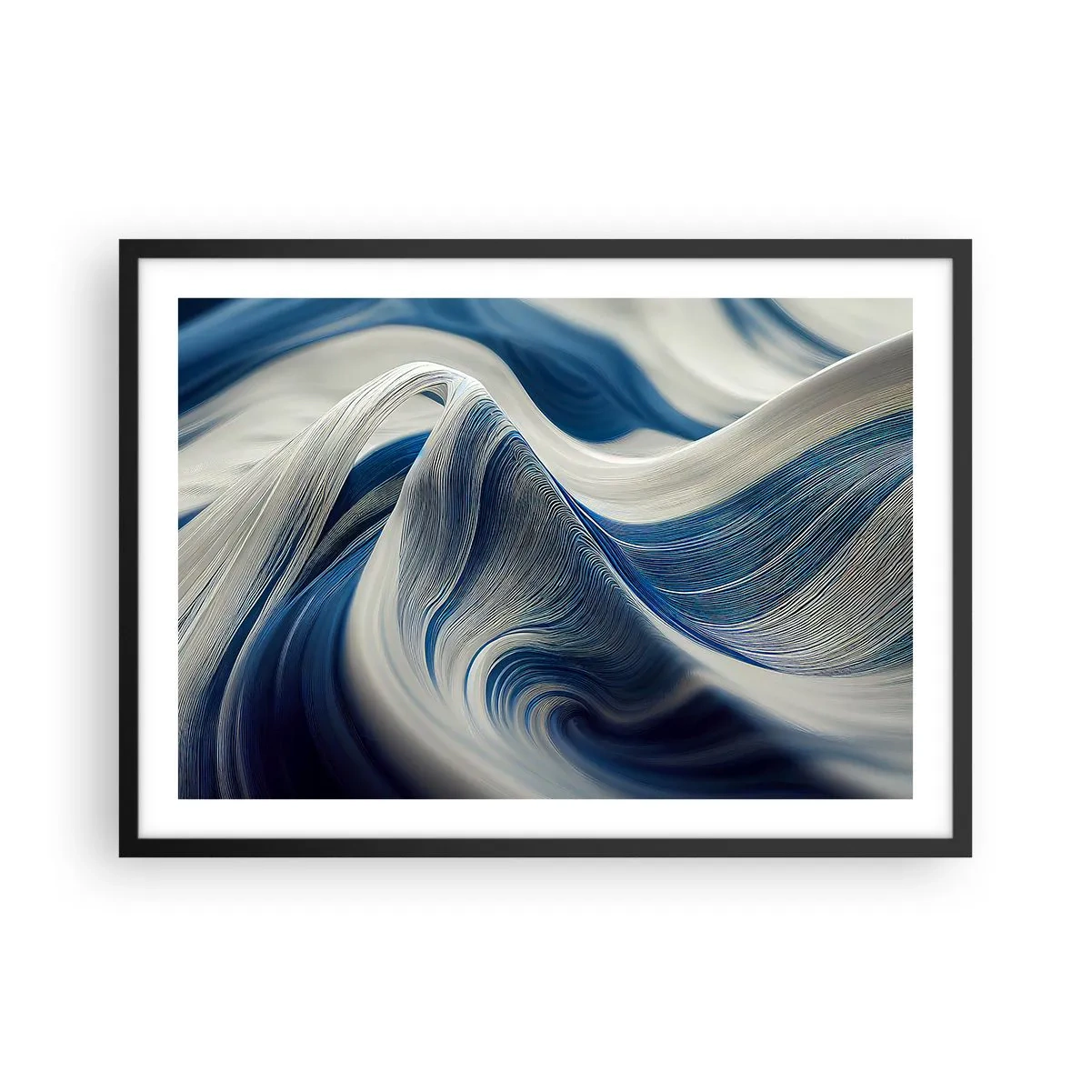 Plakat w czarnej ramie - Abstrakcyjne fale w odcieniach błękitu i bieli - 70x50cm - Płynność błękitu i bieli - Nowoczesna dekoracja ścienna do salonu i sypialni ARTTOR