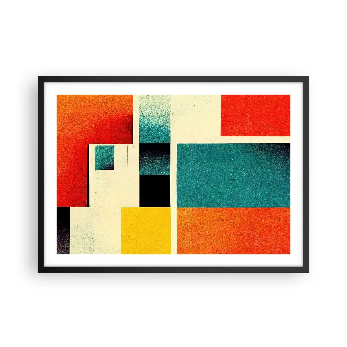 Plakat w czarnej ramie - Geometryczna abstrakcja z kolorowymi prostokątami i kwadratami - 70x50cm - Abstrakcja geometryczna – dobra energia - Nowoczesna dekoracja ścienna do salonu i sypialni ARTTOR