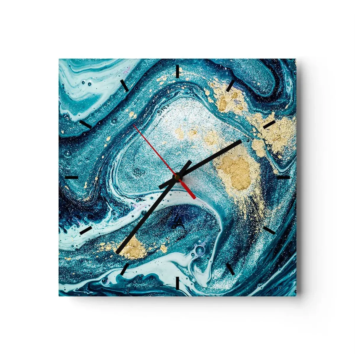 Zegar ścienny - Abstrakcyjna kompozycja fal i złotych akcentów - 30x30cm - Błekitny wir - Nowoczesna dekoracja ścienna do salonu i sypialni ARTTOR