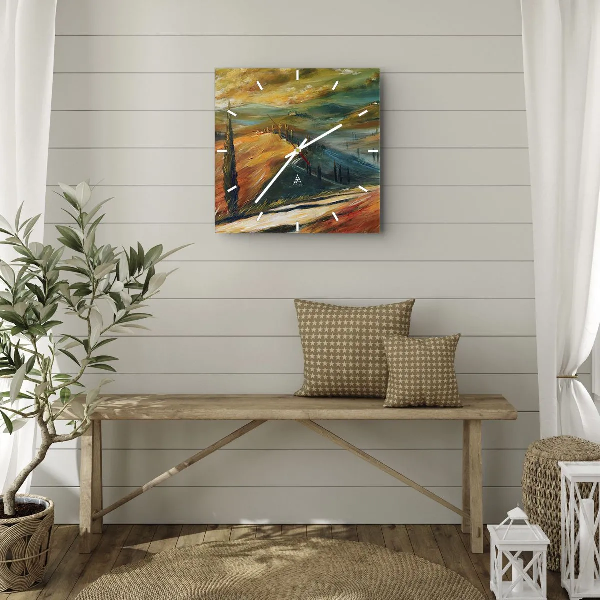 Zegar ścienny - Toskański krajobraz z polami, drogą i cyprysami - 30x30cm - Toskański pejzaż - Nowoczesna dekoracja ścienna do salonu i sypialni ARTTOR
