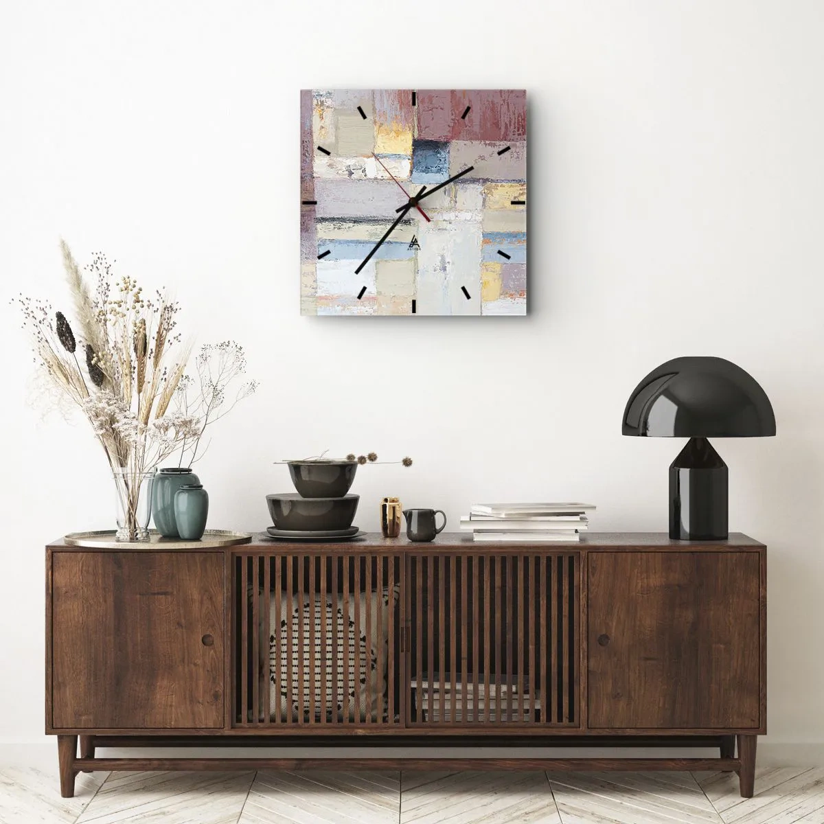 Zegar ścienny - Geometryczna kompozycja w pastelowych barwach - 30x30cm - Spokój geometrii - Nowoczesna dekoracja ścienna do salonu i sypialni ARTTOR