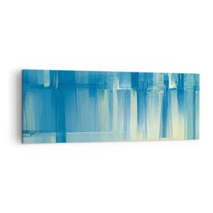 Obraz na płótnie - Abstrakcyjny obraz w odcieniach turkusu i błękitu z geometrycznymi pociągnięciami pędzla - 140x50cm - Kompozycja w turkusie - Nowoczesna dekoracja ścienna do salonu i sypialni ARTTOR