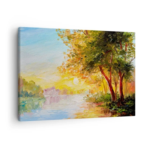 Obraz na płótnie - Malowniczy krajobraz z rzeką i drzewami o zachodzie słońca - 70x50cm - Et in Arcadia ego - Nowoczesna dekoracja ścienna do salonu i sypialni ARTTOR