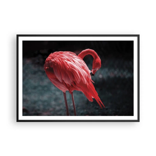 Plakat w czarnej ramie - Różowy flaming na tle ciemnej zieleni - 100x70cm - Karmazynowy poemat natury - Nowoczesna dekoracja ścienna do salonu i sypialni ARTTOR