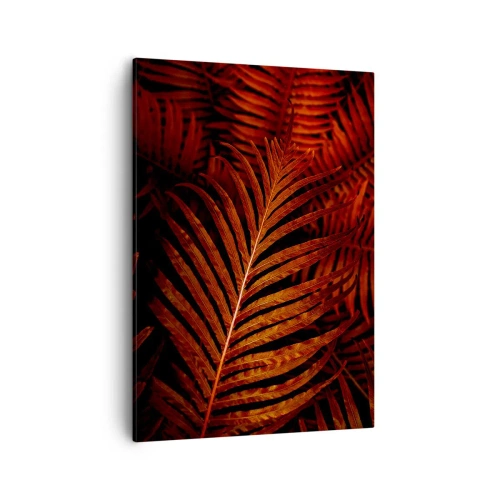 Obraz na płótnie - Czerwono-pomarańczowe liście palmy na ciemnym tle - 50x70cm - Żar życia - Nowoczesna dekoracja ścienna do salonu, kuchni i sypialni ARTTOR