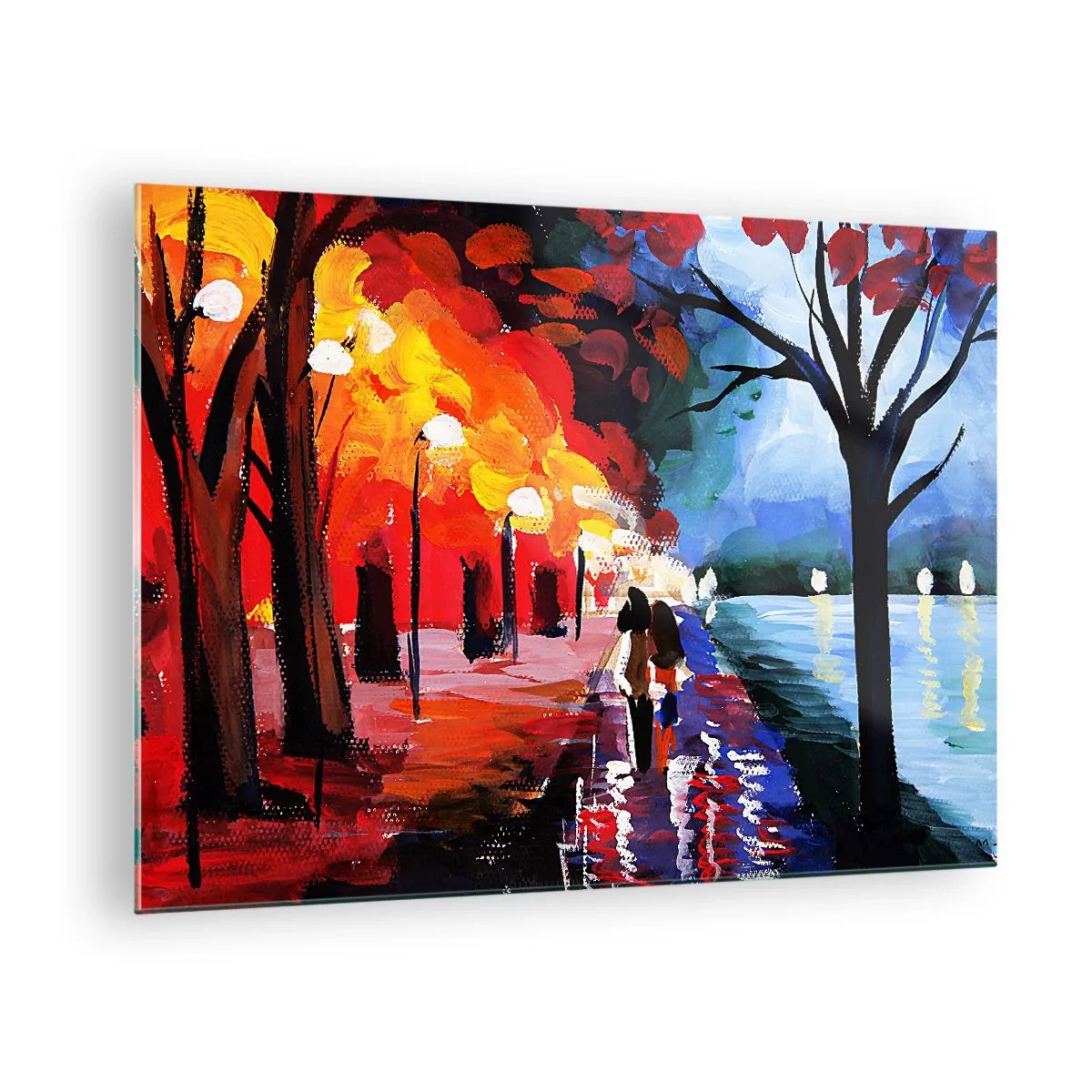 Obraz na szkle - Para spacerująca w kolorowym parku wieczorem - 70x50cm - Płomienna jesień w parku - Nowoczesna dekoracja ścienna do salonu i sypialni ARTTOR