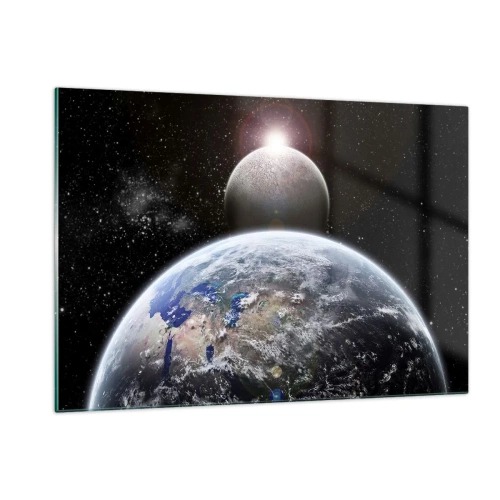 Obraz na szkle - Ziemia i Księżyc w przestrzeni kosmicznej - 120x80cm - Pejzaż kosmiczny - wschód słońca - Nowoczesna dekoracja ścienna do salonu, kuchni i sypialni ARTTOR