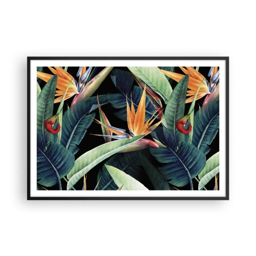 Plakat w czarnej ramie - Tropikalne kwiaty i liście na czarnym tle - 100x70cm - Płomienne kwiaty tropików - Nowoczesna dekoracja ścienna do salonu i sypialni ARTTOR