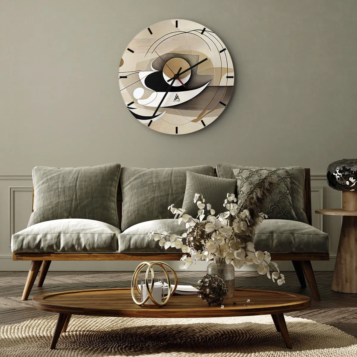 Zegar ścienny - Geometryczna kompozycja z łukami i formami w odcieniach beżu - 30x30cm - Kompozycja: istota rzeczy - Nowoczesna dekoracja ścienna do salonu, kuchni i sypialni ARTTOR