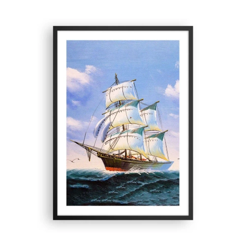 Plakat w czarnej ramie - Statek żaglowy na tle morza, pełne żagle - 50x70cm - Dumnie z wiatrem - Nowoczesna dekoracja ścienna do salonu i sypialni ARTTOR
