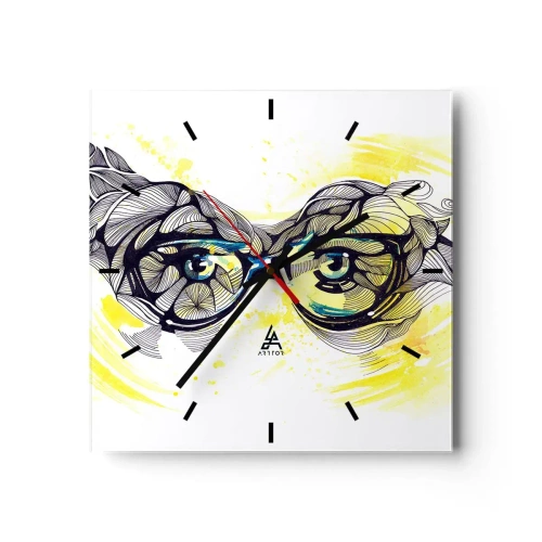 Zegar ścienny - Artystyczna grafika okularów z wyrazistymi oczami - 30x30cm - Przez błękitne okulary - Nowoczesna dekoracja ścienna do salonu i sypialni ARTTOR
