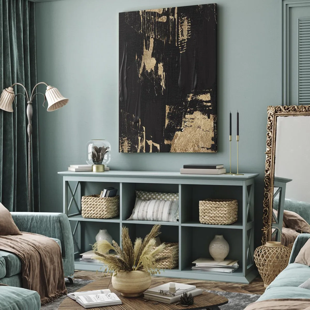 Obraz na płótnie - Abstrakcyjna kompozycja w odcieniach czerni i złota - 70x100cm - Ślad dotyku - Nowoczesna dekoracja ścienna do salonu i sypialni ARTTOR