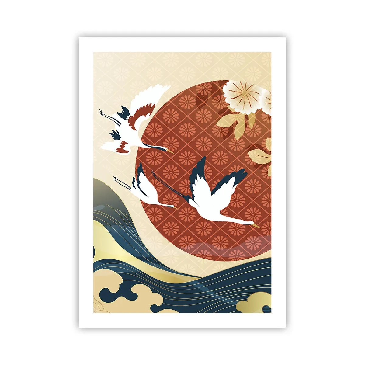Plakat - Japońska kompozycja z żurawiami, falami i czerwonym kołem - 50x70cm - Japońska baśń - Nowoczesna dekoracja ścienna do salonu, kuchni i sypialni ARTTOR