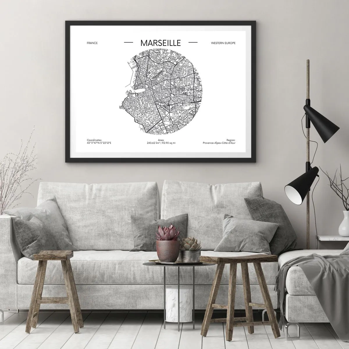 Plakat w czarnej ramie - Mapa Marsylii w minimalistycznym stylu - 70x50cm - Anatomia Marsylii - Nowoczesna dekoracja ścienna do salonu i sypialni ARTTOR