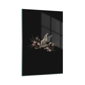 Obraz na szkle - Ptak w locie z kwiatami na czarnym tle - 80x120cm - Egzotyczny, haftowany ptak - Nowoczesna dekoracja ścienna do salonu i sypialni ARTTOR