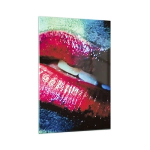 Obraz na szkle - Zbliżenie kolorowych, błyszczących ust na artystycznym tle - 70x100cm - Zmysłowe i niepokojące - Nowoczesna dekoracja ścienna do salonu i sypialni ARTTOR