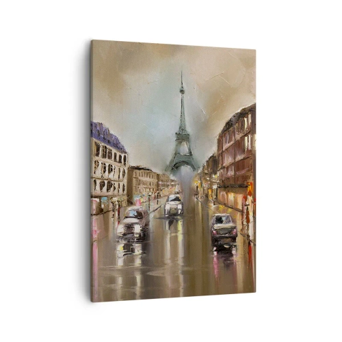 Obraz na płótnie - Ulica w Paryżu z wieżą Eiffla w tle - 50x70cm - Liczy się tylko ona - Nowoczesna dekoracja ścienna do salonu, kuchni i sypialni ARTTOR