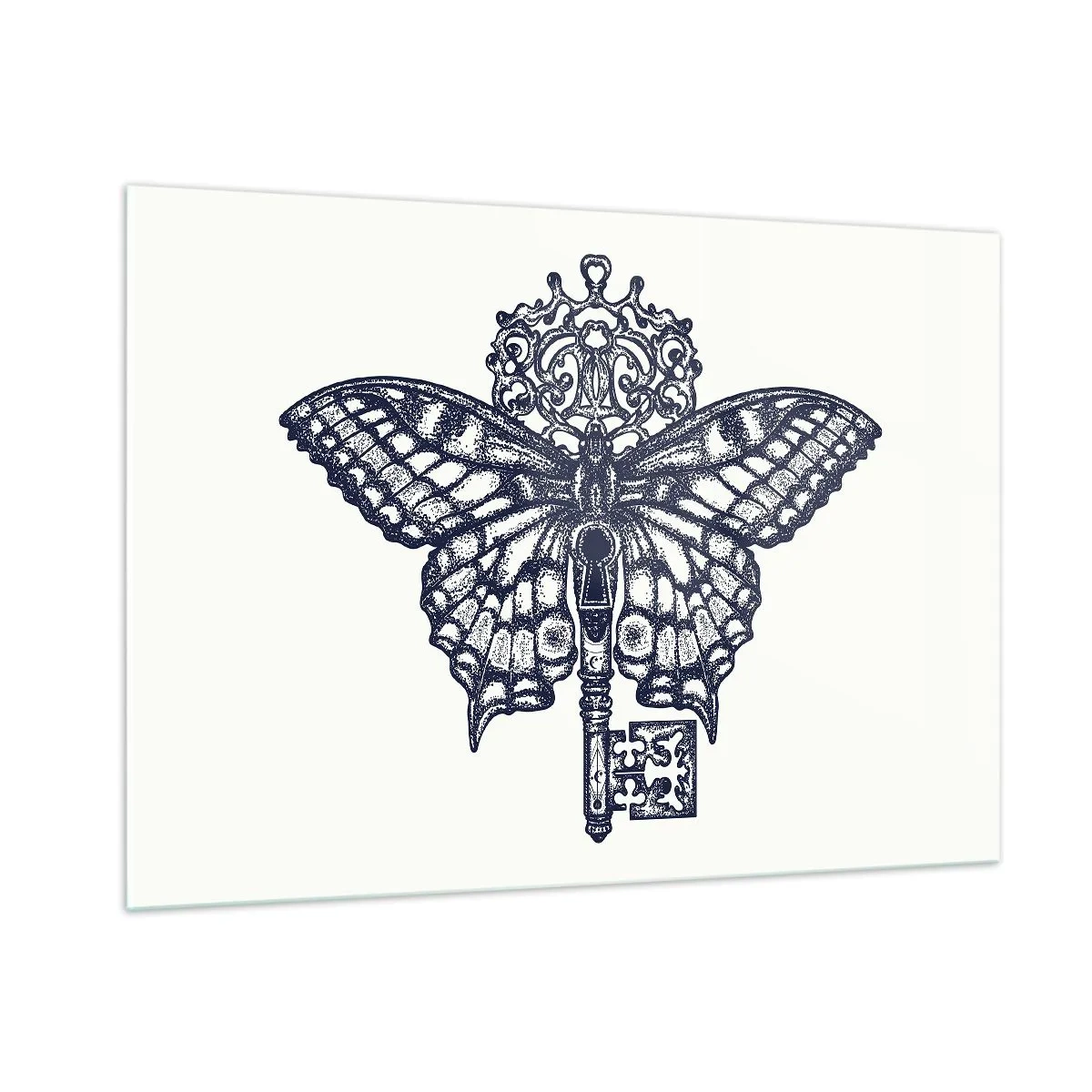 Obraz na szkle - Ilustracja przedstawiająca motyla z kluczem w centrum - 100x70cm - Wszystkie tajemnice serca - Nowoczesna dekoracja ścienna do salonu, kuchni i sypialni ARTTOR