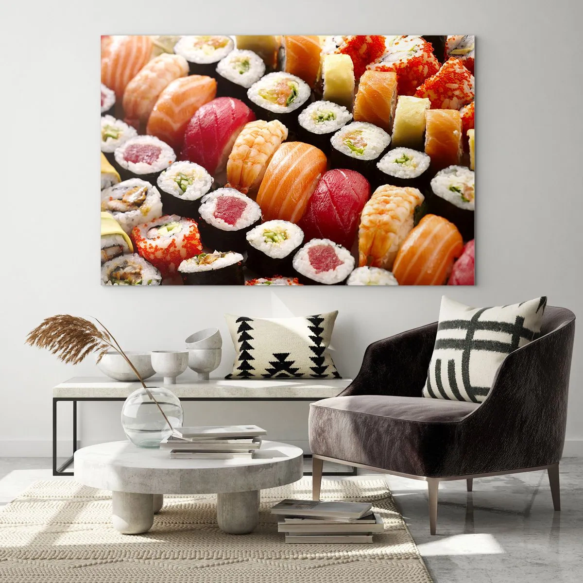 Obraz na szkle - Kolorowa kompozycja sushi z różnorodnymi składnikami - 70x50cm - Barwy i smaki Azji - Nowoczesna dekoracja ścienna do salonu i sypialni ARTTOR