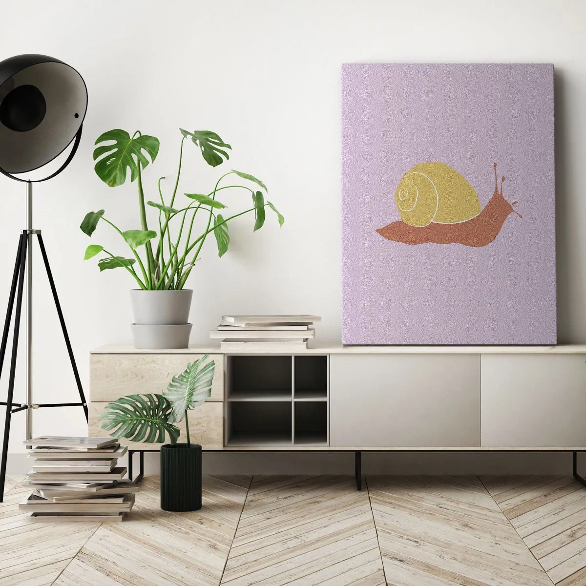 Obraz na płótnie - Minimalistyczna ilustracja ślimaka na pastelowym tle - 50x70cm - Nie ma pośpiechu - Nowoczesna dekoracja ścienna do salonu, kuchni i sypialni ARTTOR