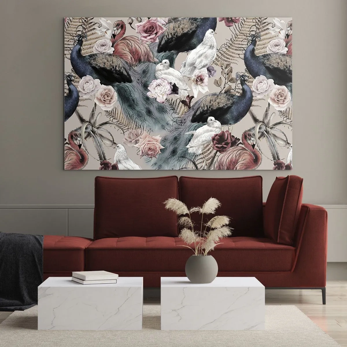 Obraz na szkle - Pawie i flamingi w otoczeniu róż i paproci - 70x50cm - W pałacowym ogrodzie - Nowoczesna dekoracja ścienna do salonu i sypialni ARTTOR
