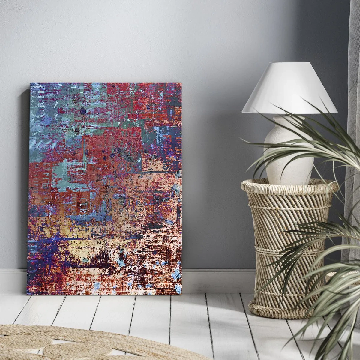 Obraz na płótnie - Kolorowa abstrakcja z teksturą i napisami - 50x70cm - Pamięć i niepamięć - Nowoczesna dekoracja ścienna do salonu, kuchni i sypialni ARTTOR