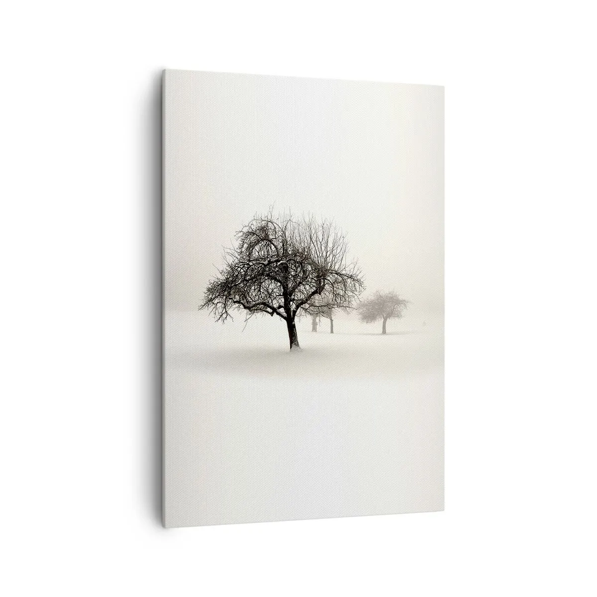 Obraz na płótnie - Drzewa na zaśnieżonym polu w otoczeniu mgły - 70x100cm - Zimowy sen - Nowoczesna dekoracja ścienna do salonu i sypialni ARTTOR