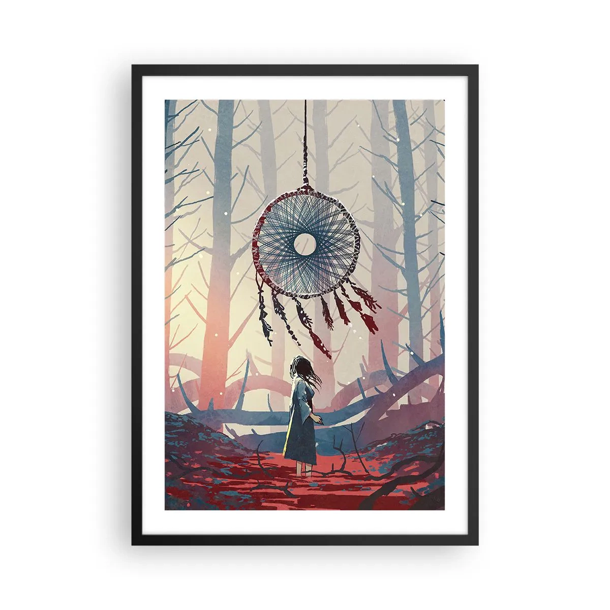 Plakat w czarnej ramie - Postać w lesie z łapaczem snów na tle pastelowych barw - 50x70cm - Tajemny rytuał szczęścia - Nowoczesna dekoracja ścienna do salonu i sypialni ARTTOR