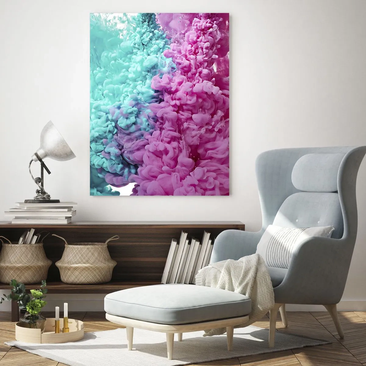 Obraz na szkle - Barwne chmury tuszu w kolorach różowym i turkusowym - 50x70cm - Decydujące starcie - Nowoczesna dekoracja ścienna do salonu, kuchni i sypialni ARTTOR