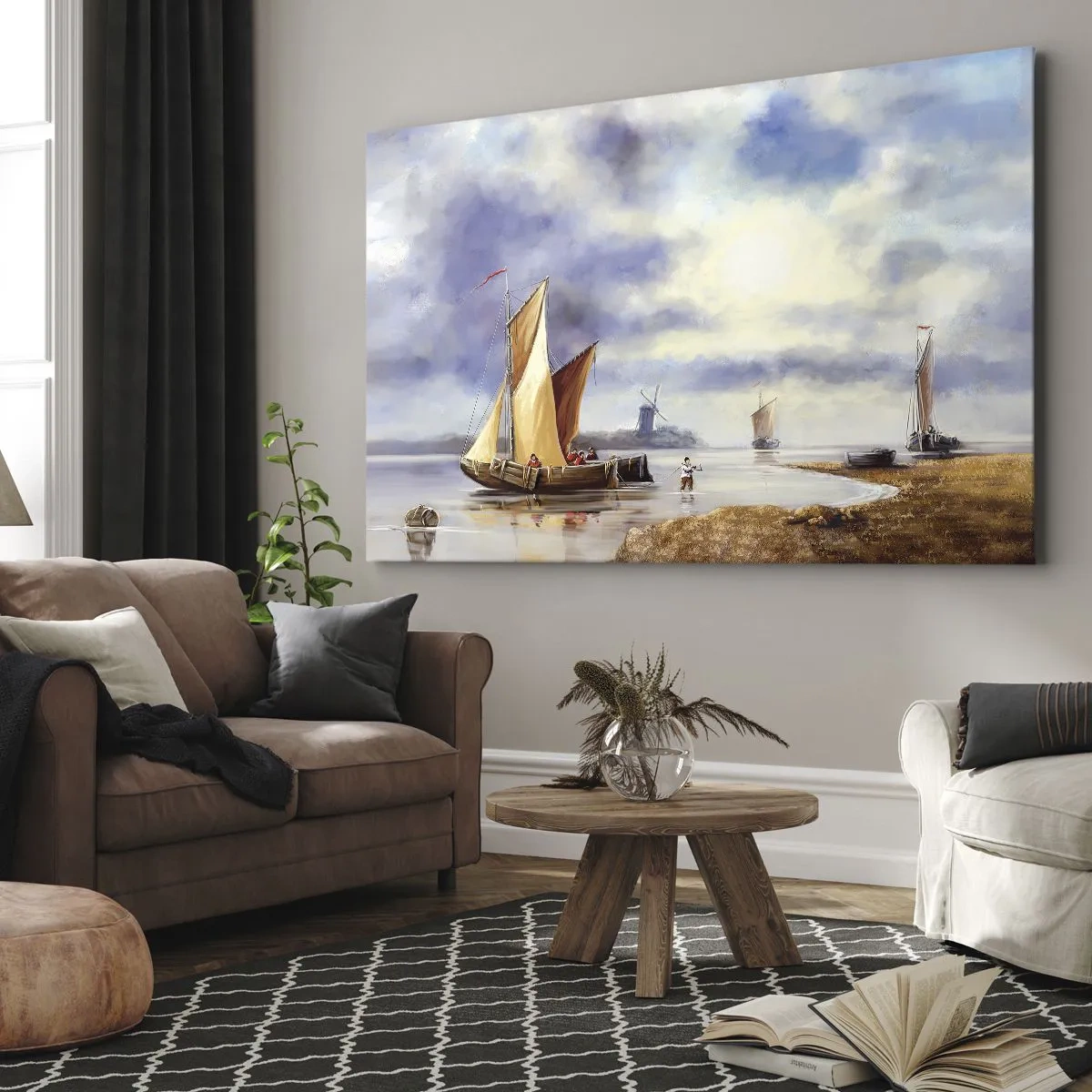 Obraz na płótnie - Żaglówki na spokojnej wodzie z wiatrakami w tle - 70x50cm - Powrót żeglarzy - Nowoczesna dekoracja ścienna do salonu i sypialni ARTTOR
