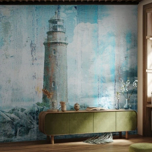 Fototapeta Premium Canvas - Latarnia morska na skalistym wybrzeżu w pastelowych barwach - 100x70cm - Na starym drewnie - Nowoczesna dekoracja ścienna do salonu i sypialni ARTTOR