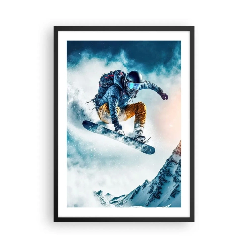 Plakat w czarnej ramie - Snowboardzista w locie nad ośnieżonym szczytem górskim - 50x70cm - Ekstremalne emocje - Nowoczesna dekoracja ścienna do salonu i sypialni ARTTOR