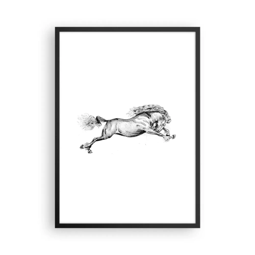 Plakat w czarnej ramie - Ilustracja galopującego konia w czerni i bieli - 50x70cm - Zatrzymany w galopie - Nowoczesna dekoracja ścienna do salonu i sypialni ARTTOR