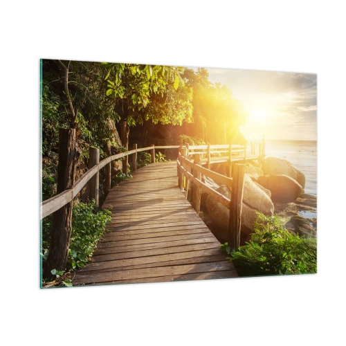 Obraz na szkle - Drewniana ścieżka wśród drzew nad brzegiem morza w świetle zachodu słońca - 100x70cm - Kolejny zakręt, kolejne cuda - Nowoczesna dekoracja ścienna do salonu, kuchni i sypialni ARTTOR