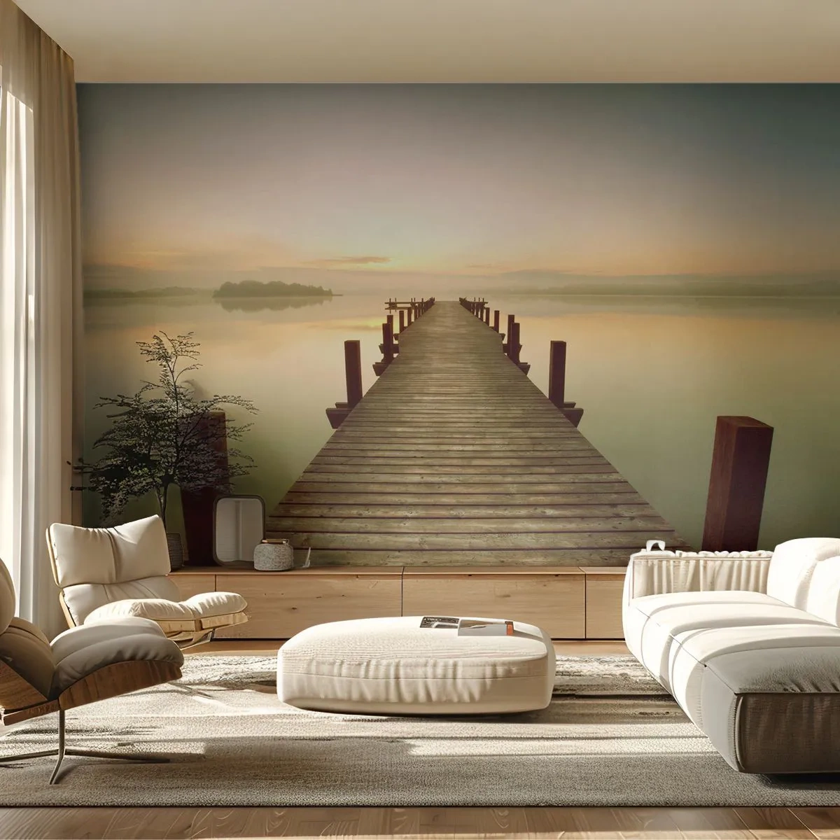 Fototapeta Premium Sand - Drewniany pomost prowadzący na spokojne jezioro o świcie - 100x70cm - Przedświt, świtanie, światło - Nowoczesna dekoracja ścienna do salonu, kuchni i sypialni ARTTOR
