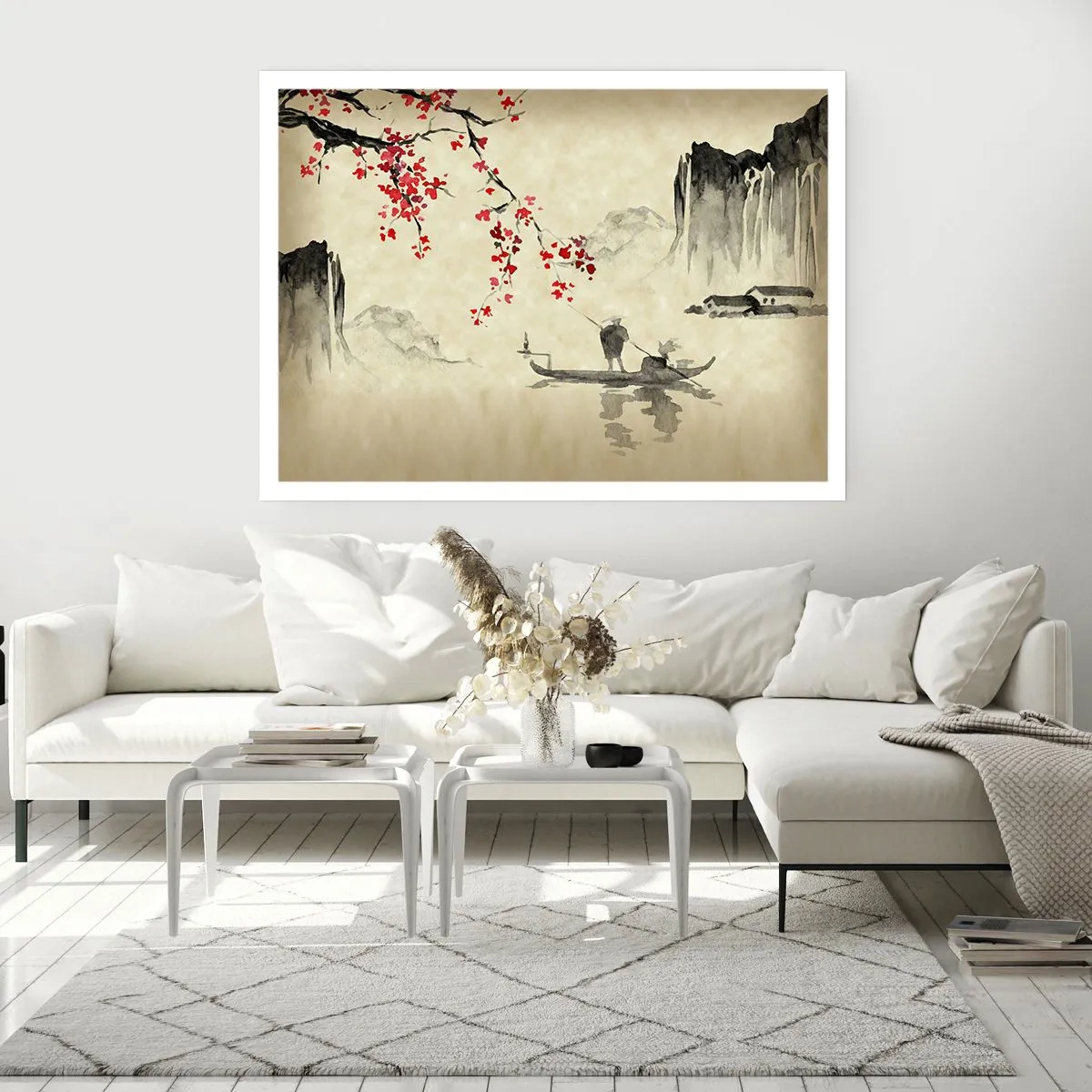 Plakat - Orientalna ilustracja z łodzią i kwitnącą gałęzią - 100x70cm - W kraju kwitnącej wiśni - Nowoczesna dekoracja ścienna do salonu i sypialni ARTTOR