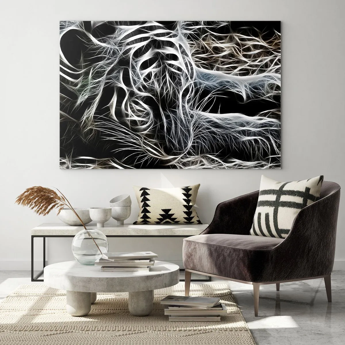 Obraz na szkle - Abstrakcyjny tygrys w świetlistych liniach na czarnym tle - 120x80cm - Studium kociej lekkości - Nowoczesna dekoracja ścienna do salonu, kuchni i sypialni ARTTOR