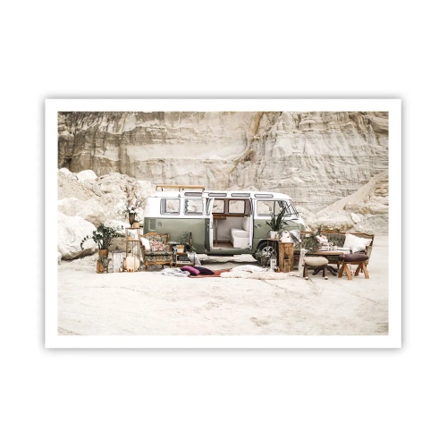 Plakat - Retro camper z aranżacją boho na tle skalistego krajobrazu - 100x70cm - Podróż czas zacząć - Nowoczesna dekoracja ścienna do salonu i sypialni ARTTOR