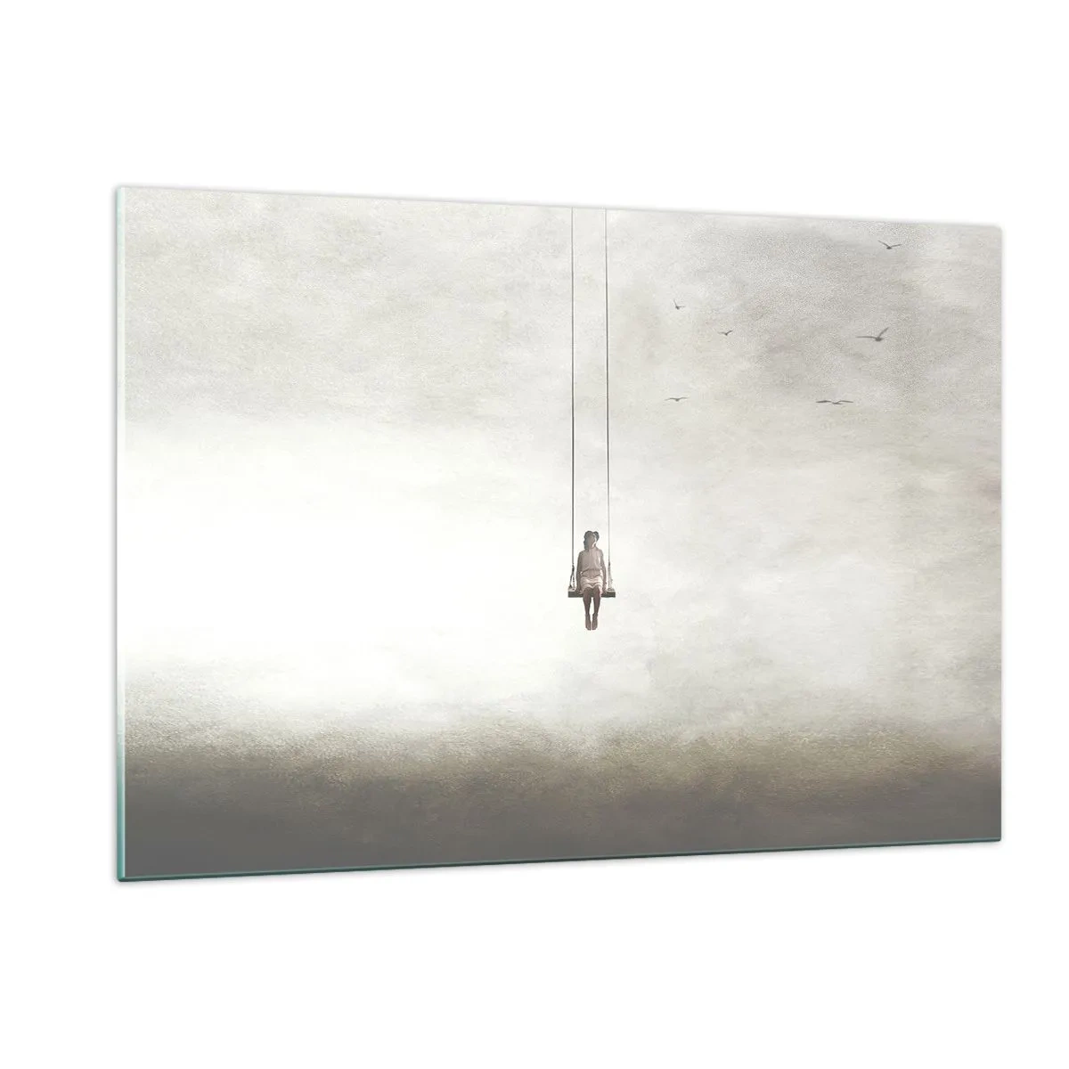Obraz na szkle - Postać na huśtawce zawieszonej w niebie - 120x80cm - Dziecko w nas - Nowoczesna dekoracja ścienna do salonu, kuchni i sypialni ARTTOR