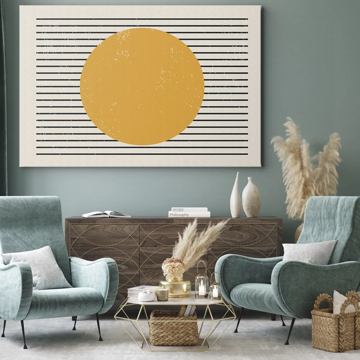 Obraz na płótnie - Żółte koło na tle czarno-białych poziomych linii - 70x50cm - Siła prostoty - Nowoczesna dekoracja ścienna do salonu i sypialni ARTTOR