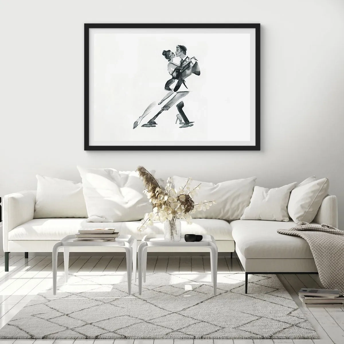 Plakat w czarnej ramie - Subtelna ilustracja pary tańczącej w monochromatycznym stylu - 100x70cm - W jednym rytmie - Nowoczesna dekoracja ścienna do salonu i sypialni ARTTOR