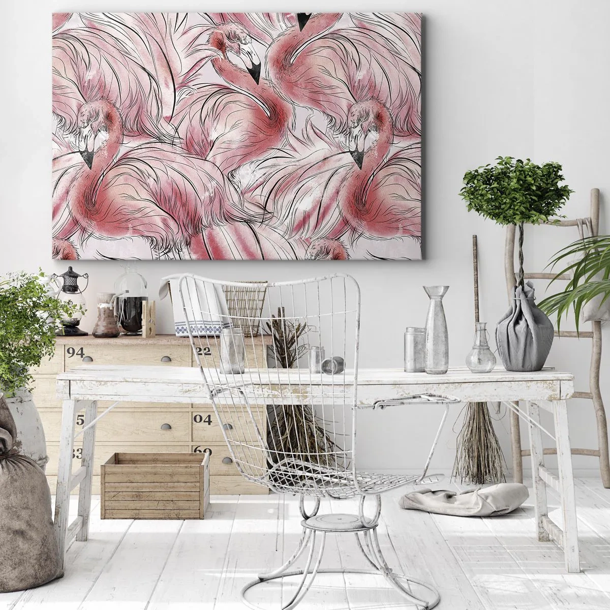 Obraz na płótnie - Delikatne rysunki różowych flamingów - 100x70cm - Ptasi corps de ballet - Nowoczesna dekoracja ścienna do salonu, kuchni i sypialni ARTTOR