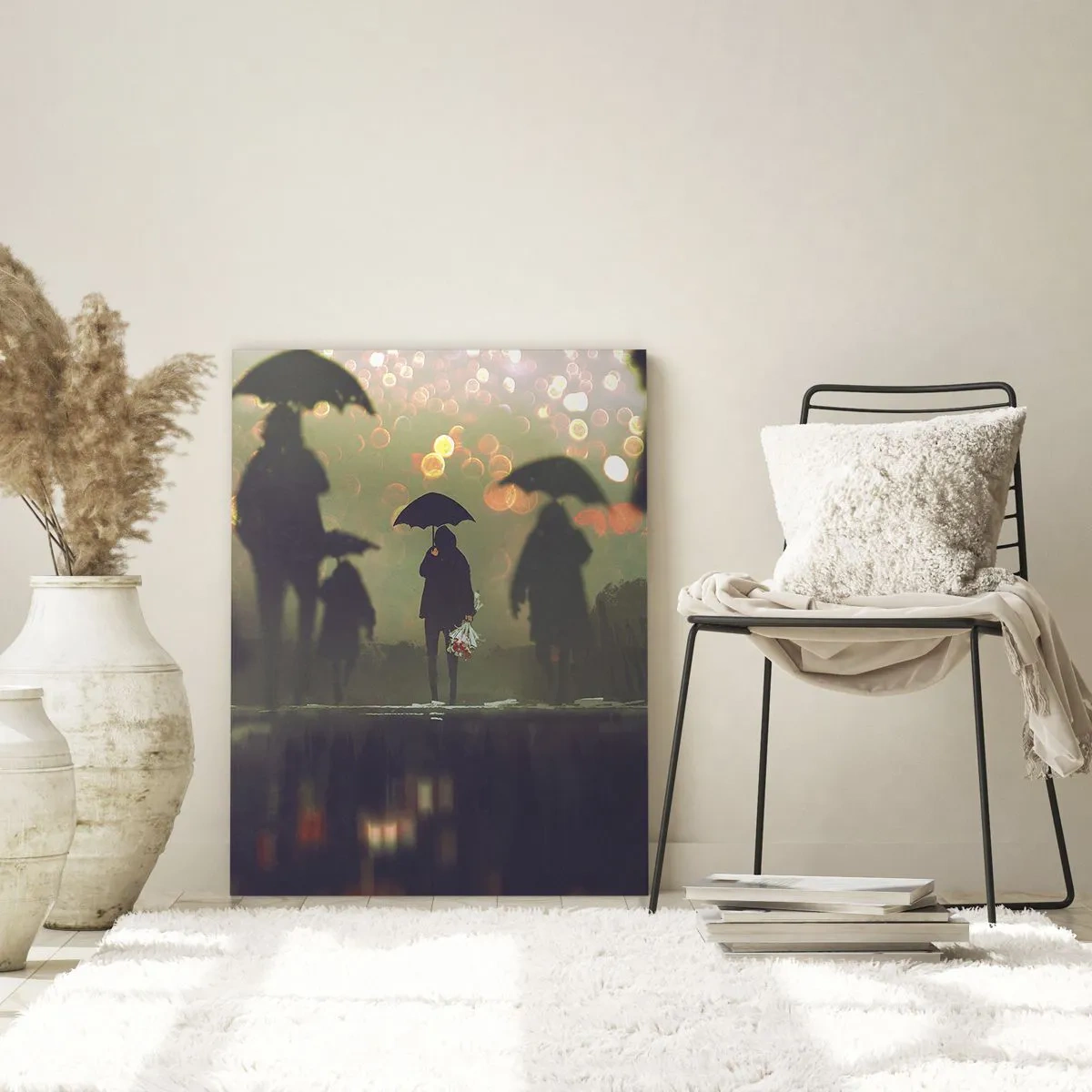 Obraz na szkle - Postacie z parasolami w deszczu na tle świateł miasta - 50x70cm - Z perspektywy kropli deszczu - Nowoczesna dekoracja ścienna do salonu, kuchni i sypialni ARTTOR