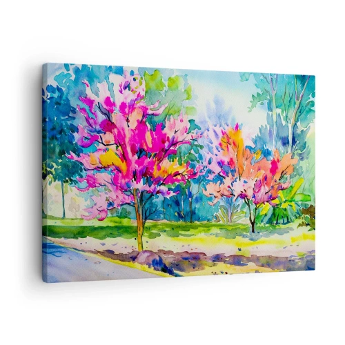 Obraz na płótnie - Kolorowe drzewa w parku w stylu akwarelowym - 70x50cm - Tęczowy ogród w wiosennym blasku - Nowoczesna dekoracja ścienna do salonu i sypialni ARTTOR