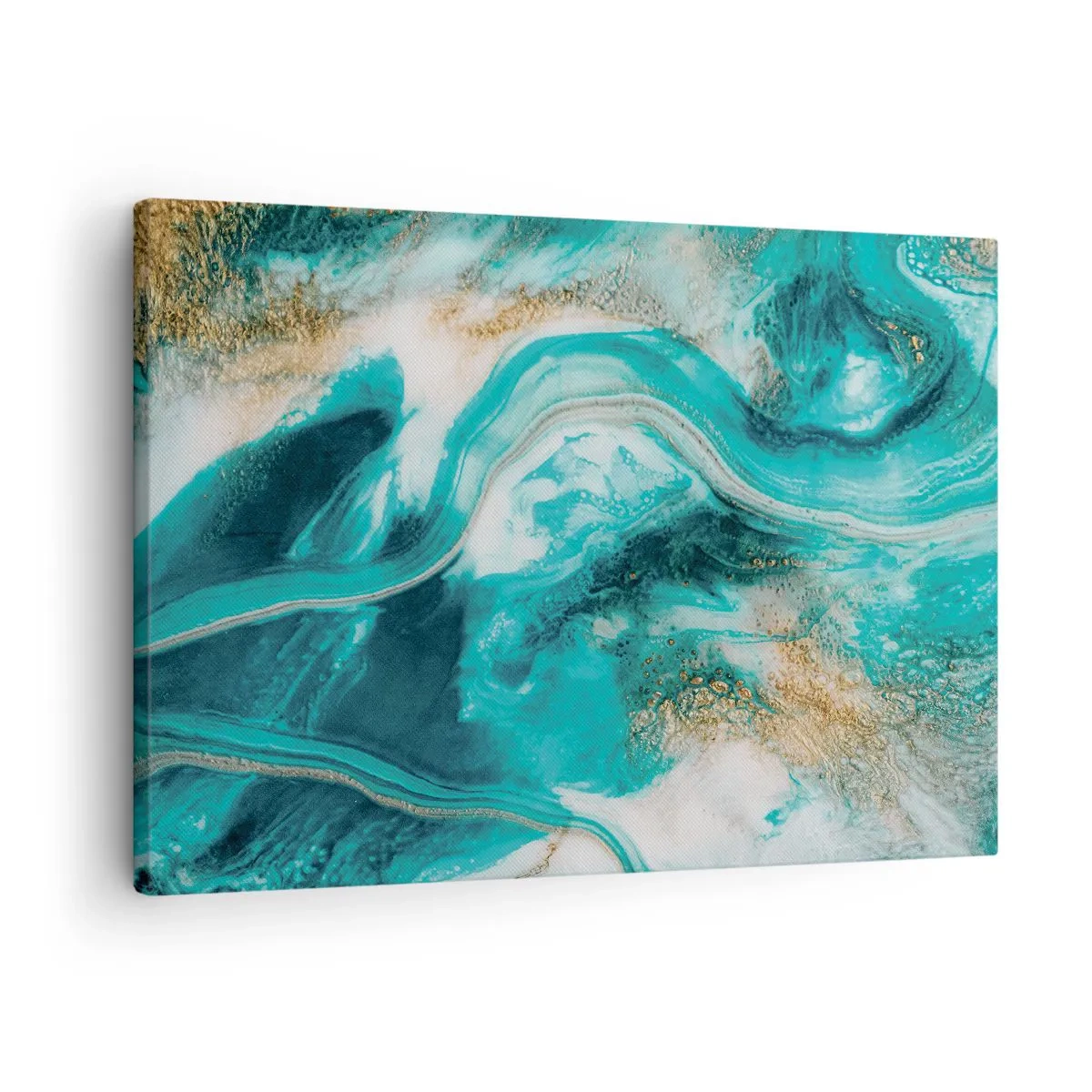 Obraz na płótnie - Turkusowa abstrakcja z białymi i złotymi akcentami - 70x50cm - Rzeka złota - Nowoczesna dekoracja ścienna do salonu i sypialni ARTTOR