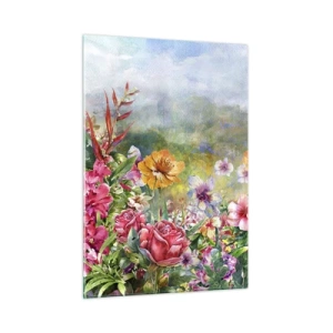 Obraz na szkle - Bukiet kolorowych kwiatów na tle malowniczego krajobrazu - 50x70cm - Ogród, który oszalał - Nowoczesna dekoracja ścienna do salonu, kuchni i sypialni ARTTOR