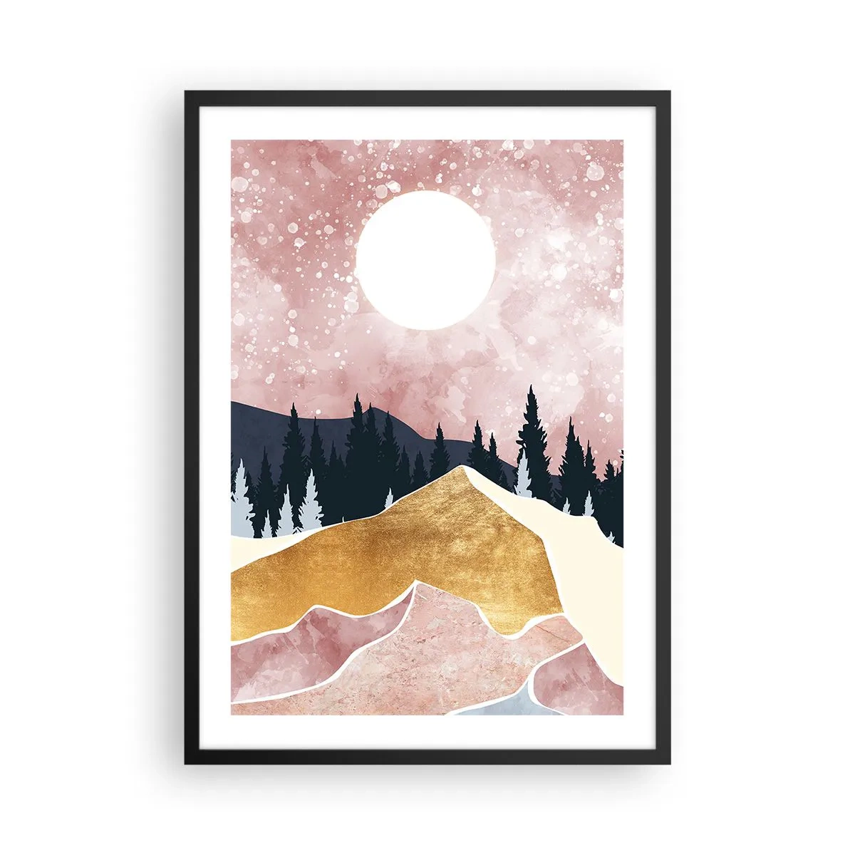 Plakat w czarnej ramie - Abstrakcyjny pejzaż z lasem, górami i złotym akcentem - 50x70cm - Nocna straż - Nowoczesna dekoracja ścienna do salonu i sypialni ARTTOR