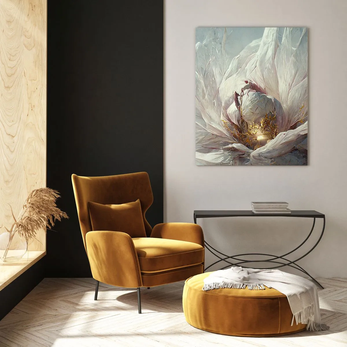 Obraz na szkle - Rozkwitający kwiat w delikatnych szarościach i złocie - 50x70cm - Rozkwita raz na sto lat - Nowoczesna dekoracja ścienna do salonu, kuchni i sypialni ARTTOR