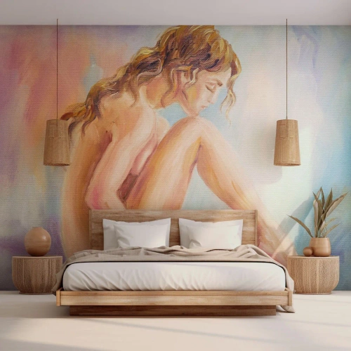Fototapeta Premium Canvas - Delikatna postać kobiety na pastelowym tle - 100x70cm - Akt młodości - Nowoczesna dekoracja ścienna do salonu i sypialni ARTTOR